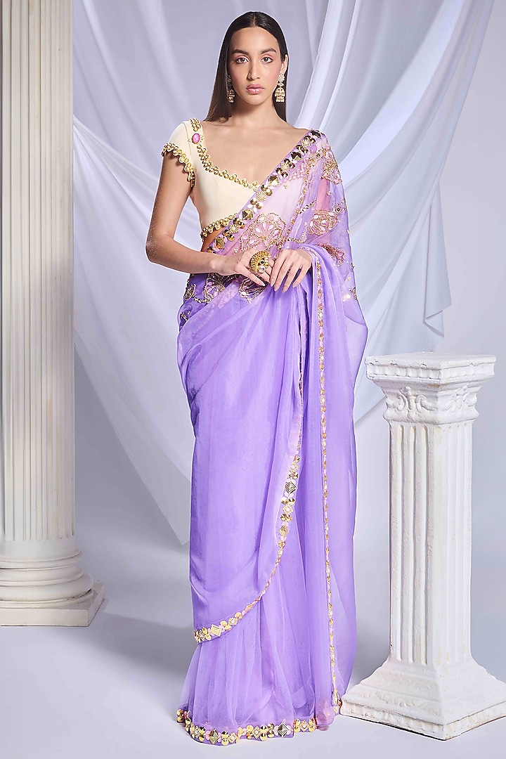 Lilac Organza & Tulle Sequin Embroidered Pre-Stitched Saree Set by Papa Don't Preach by Shubhika