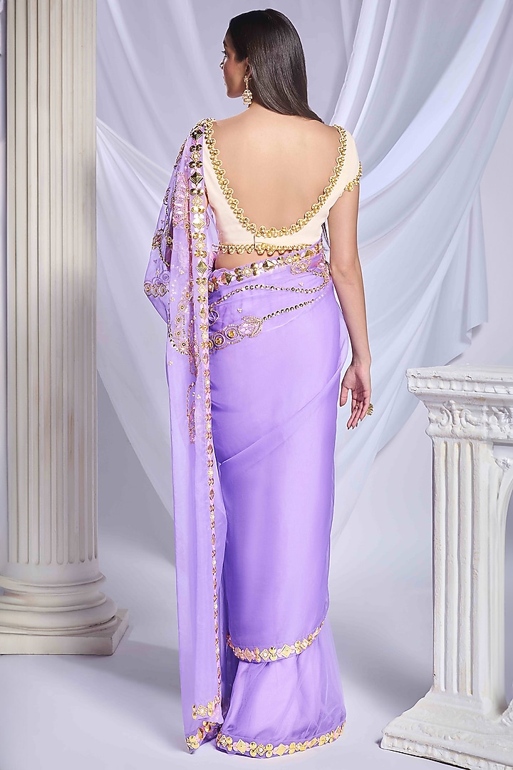Lilac Organza & Tulle Sequin Embroidered Pre-Stitched Reception Saree Set by Papa Don't Preach by Shubhika at Pernia's Pop Up Shop