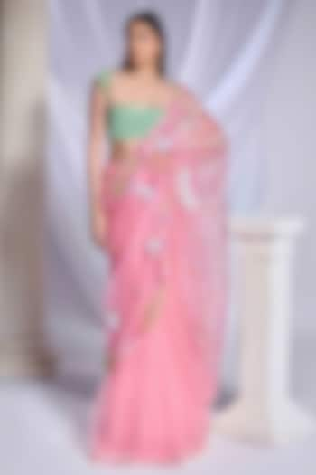 Rose Pink Organza & Tulle Cutdana Embroidered Pre-Stitched Saree Set by Papa Don't Preach by Shubhika