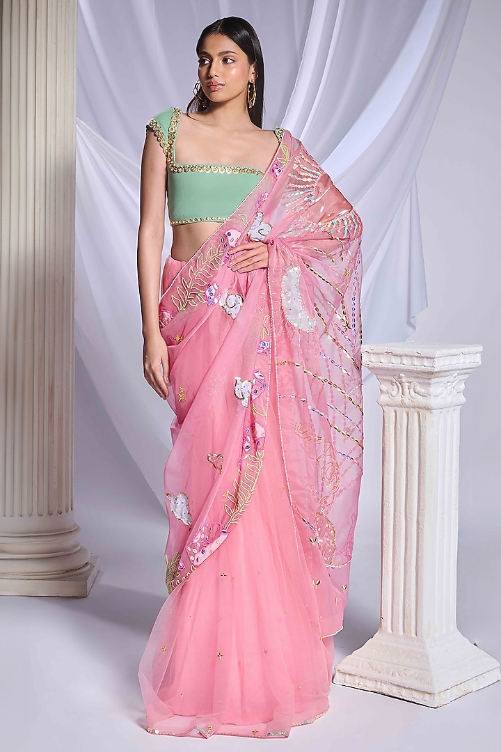 Rose Pink Organza & Tulle Cutdana Embroidered Pre-Stitched Saree Set by Papa Don't Preach by Shubhika