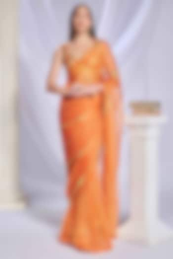 Orange Tulle & Organza Acrylic Embroidered Pre-Stitched Saree Set by Papa Don't Preach by Shubhika at Pernia's Pop Up Shop