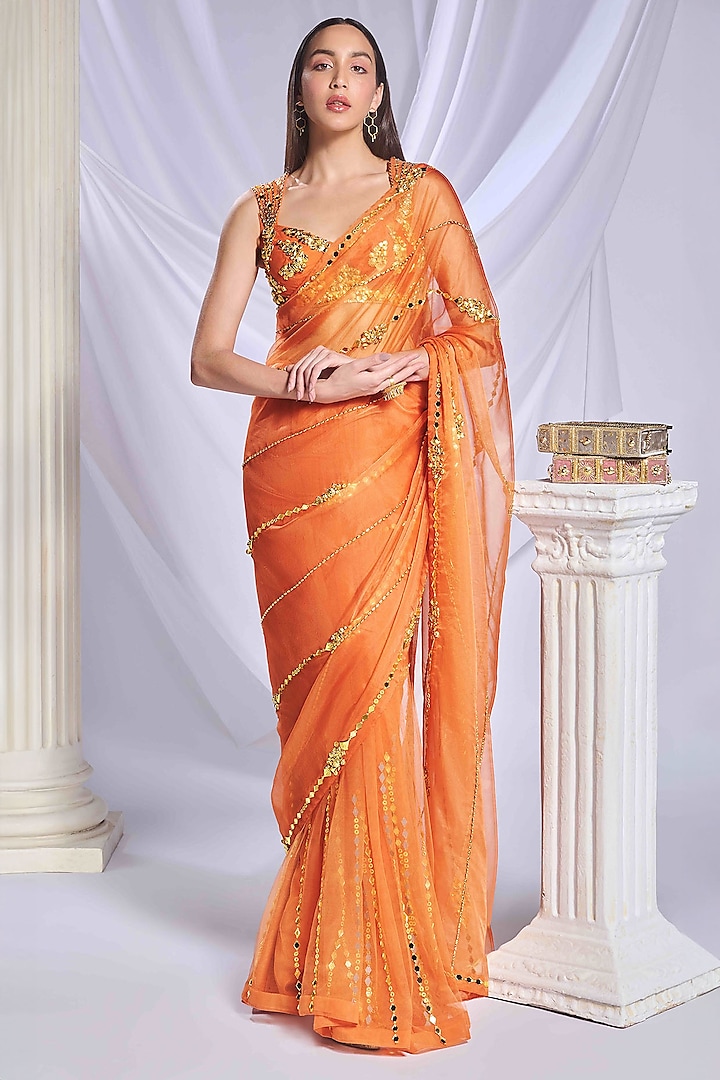 Orange Tulle & Organza Acrylic Embroidered Pre-Stitched Saree Set by Papa Don't Preach by Shubhika at Pernia's Pop Up Shop