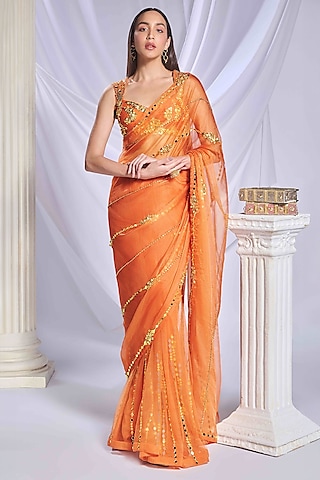 Orange Tulle & Organza Acrylic Embroidered Pre-Stitched Saree Set by Papa Don't Preach by Shubhika