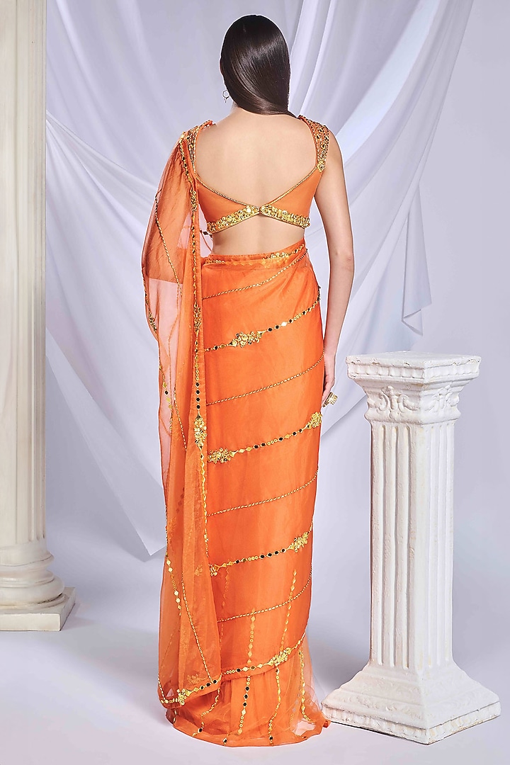 Orange Tulle & Organza Acrylic Embroidered Pre-Stitched Reception Saree Set by Papa Don't Preach by Shubhika at Pernia's Pop Up Shop