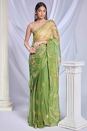 Moss Green Tulle & Organza Cutdana Embroidered Pre-Stitched Reception Saree Set by Papa Don't Preach by Shubhika at Pernia's Pop Up Shop
