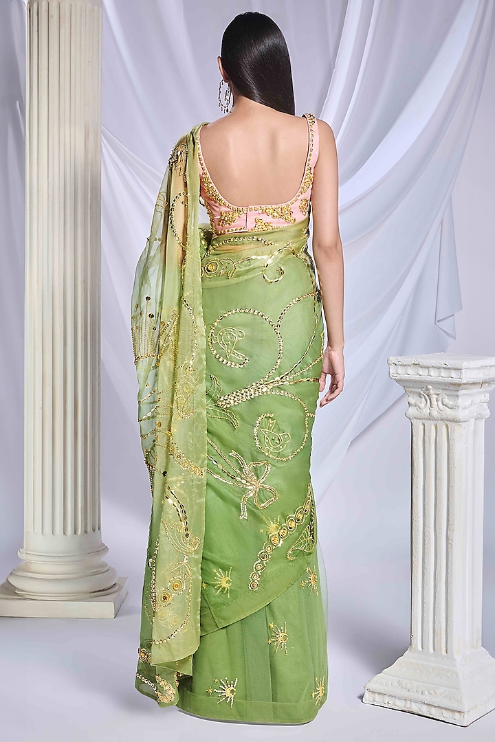 Moss Green Tulle & Organza Cutdana Embroidered Pre-Stitched Reception Saree Set by Papa Don't Preach by Shubhika at Pernia's Pop Up Shop