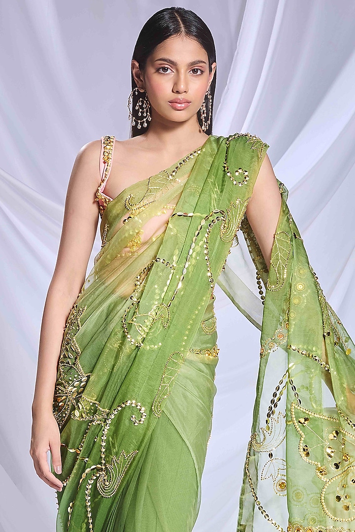 Moss Green Tulle & Organza Cutdana Embroidered Pre-Stitched Reception Saree Set by Papa Don't Preach by Shubhika at Pernia's Pop Up Shop
