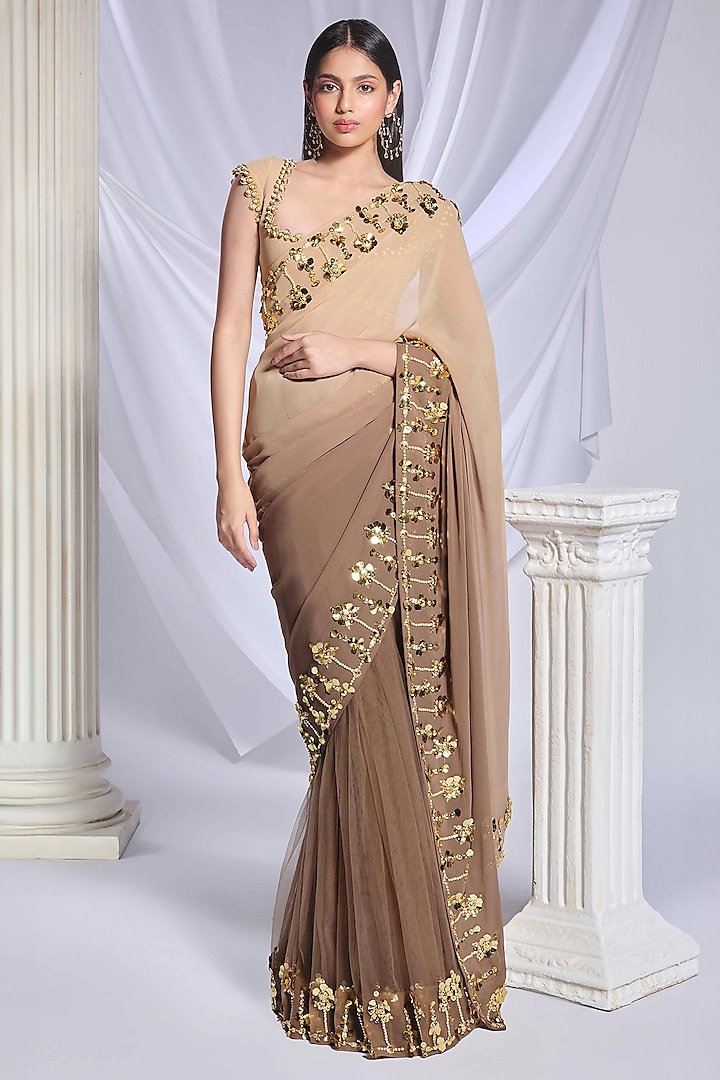 Brown-Taupe Ombre Georgette Metallic Embroidered Saree Set by Papa Don't Preach by Shubhika