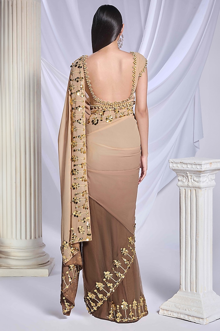 Brown-Taupe Ombre Georgette Metallic Embroidered Reception Saree Set by Papa Don't Preach by Shubhika at Pernia's Pop Up Shop