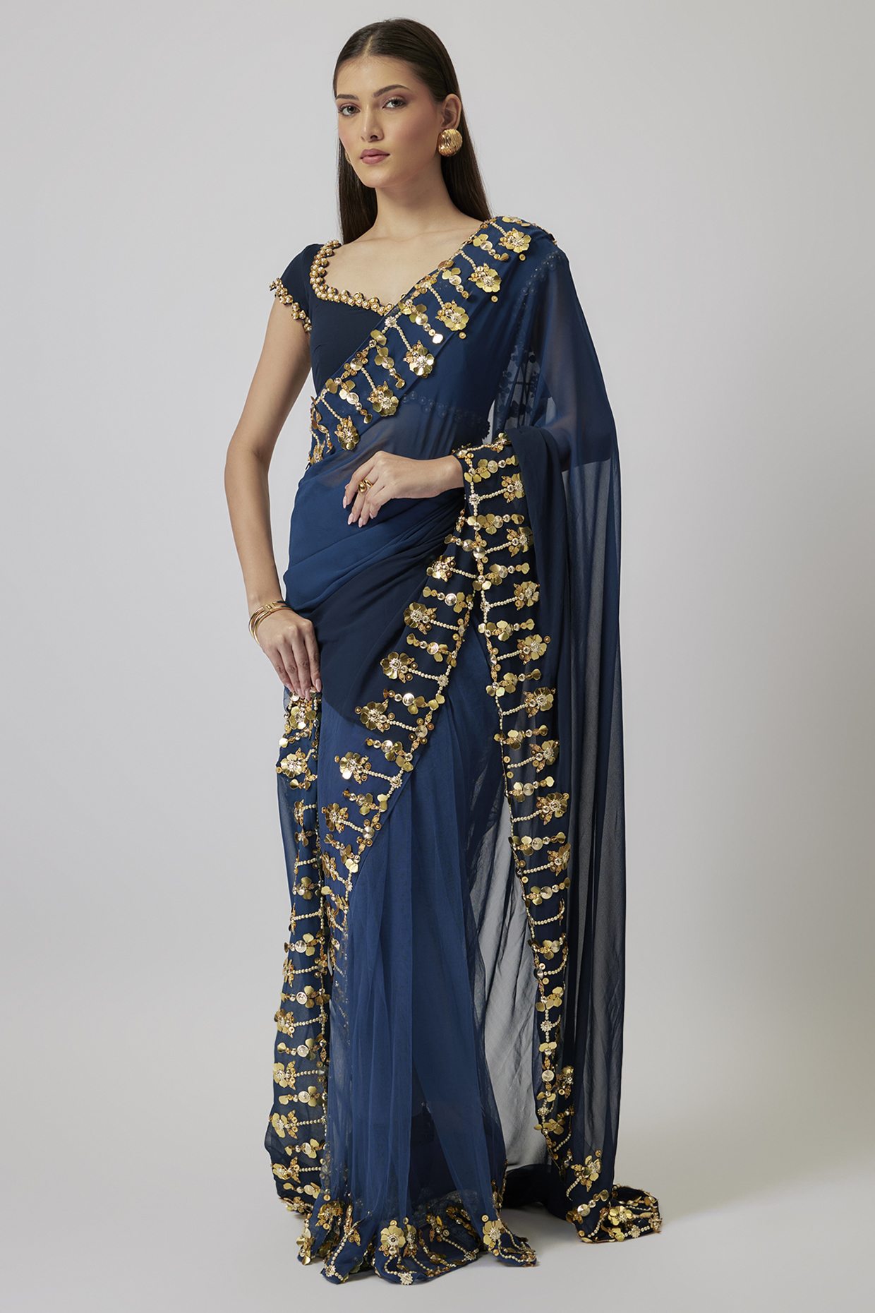 Blue Ombre Georgette Pearl Embroidered Saree Set by Papa Don't Preach by Shubhika at Pernia's Pop Up Shop