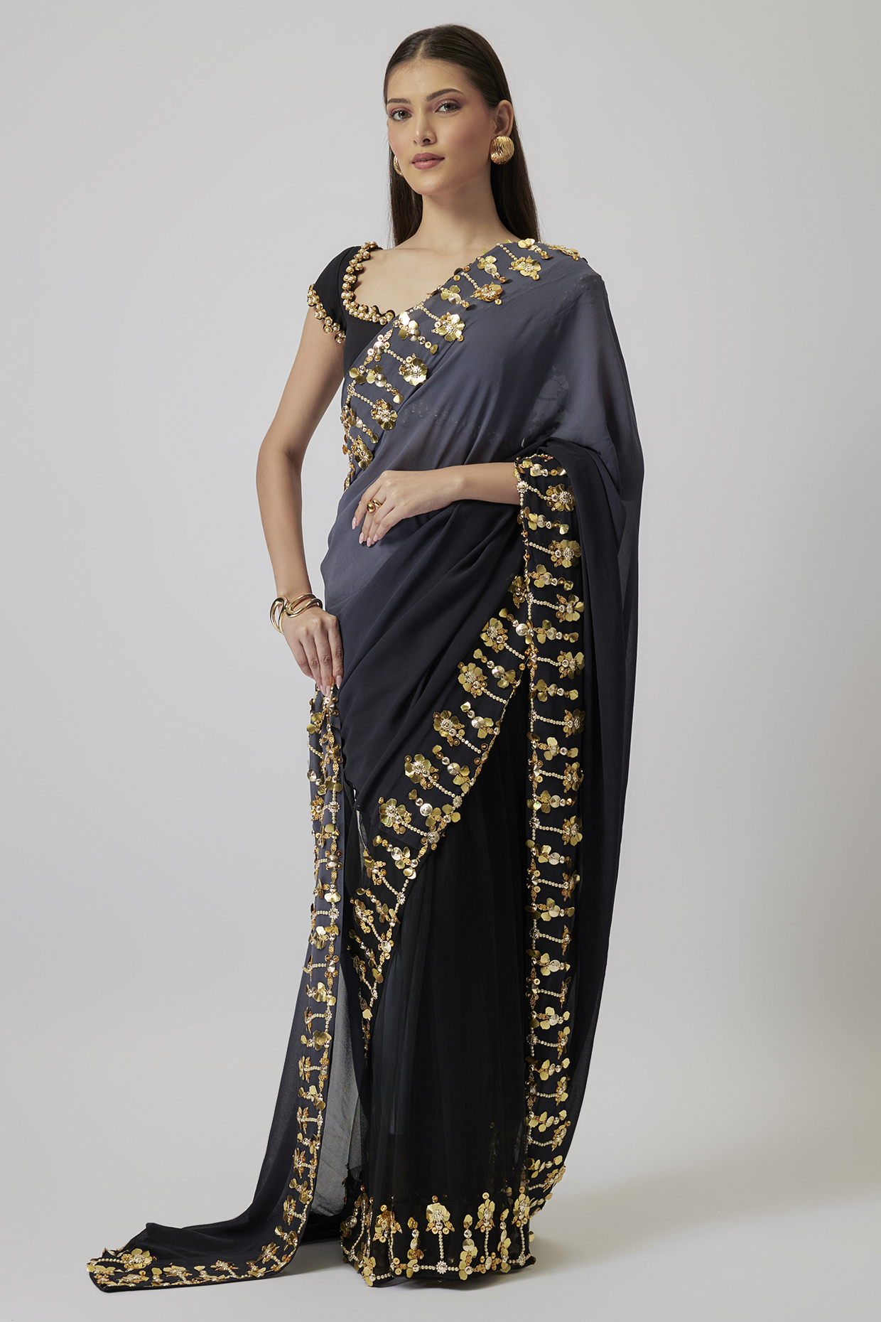 Grey & Black Ombre Georgette Pearl Embroidered Reception Saree Set by Papa Don't Preach by Shubhika at Pernia's Pop Up Shop