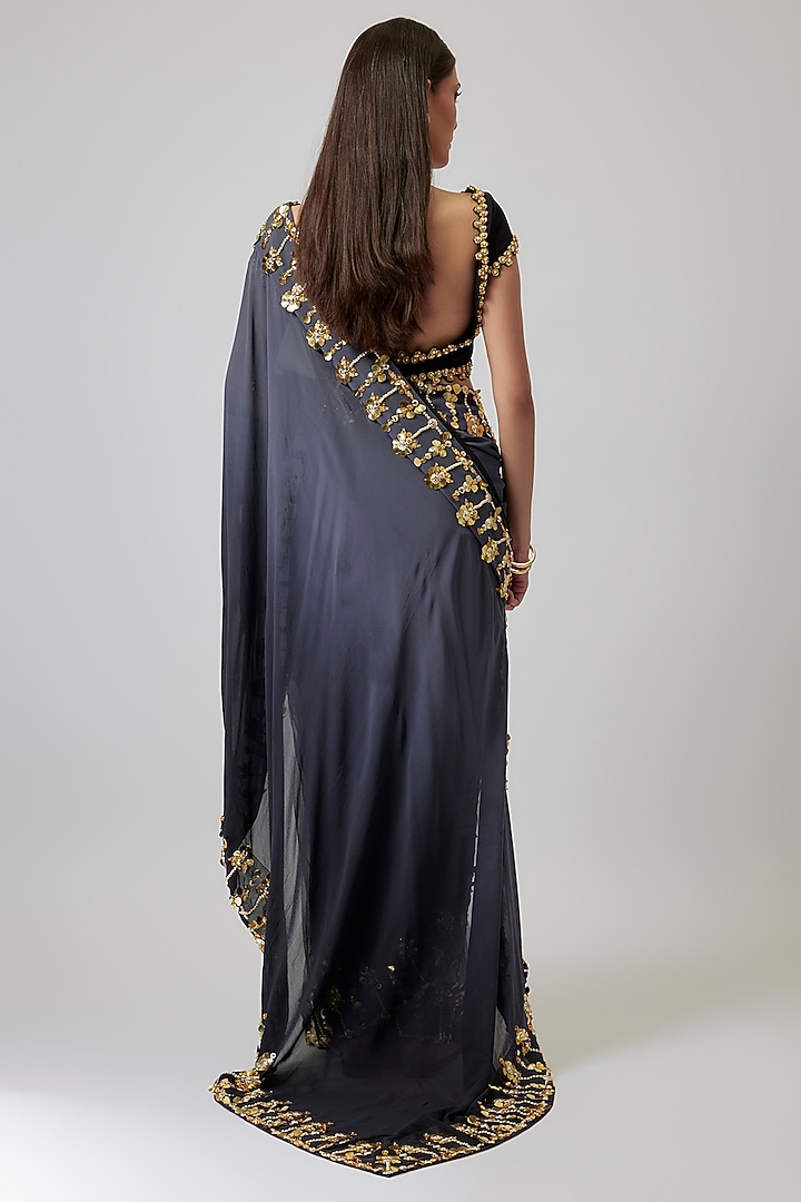 Grey & Black Ombre Georgette Pearl Embroidered Reception Saree Set by Papa Don't Preach by Shubhika at Pernia's Pop Up Shop