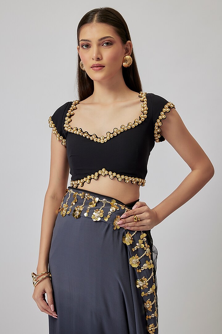 Grey & Black Ombre Georgette Pearl Embroidered Reception Saree Set by Papa Don't Preach by Shubhika at Pernia's Pop Up Shop