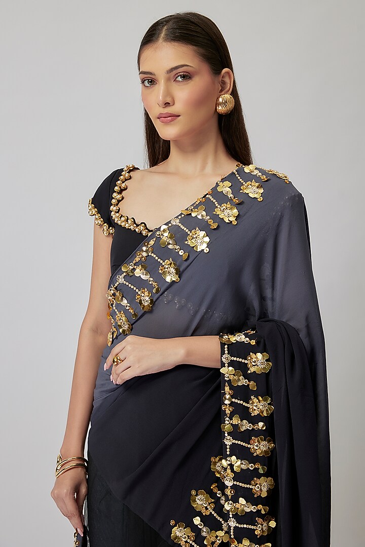 Grey & Black Ombre Georgette Pearl Embroidered Reception Saree Set by Papa Don't Preach by Shubhika at Pernia's Pop Up Shop
