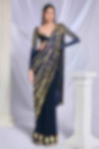 Midnight Blue Georgette Pearl Embroidered Pre-Stitched Saree Set by Papa Don't Preach by Shubhika