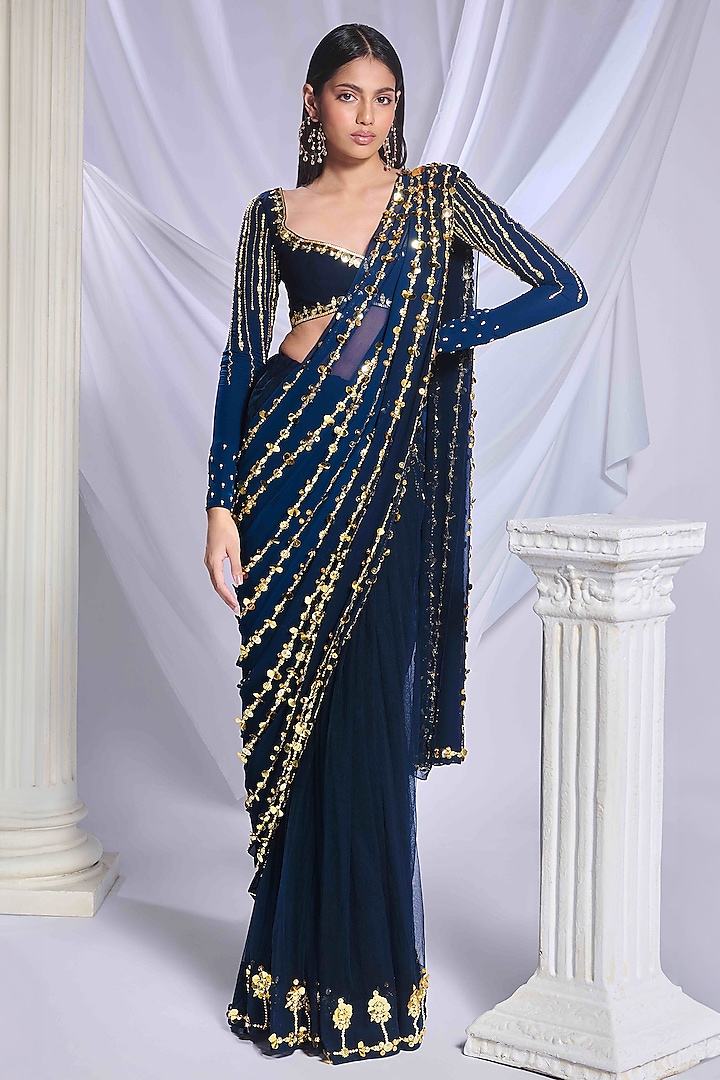 Midnight Blue Georgette Pearl Embroidered Pre-Stitched Saree Set by Papa Don't Preach by Shubhika