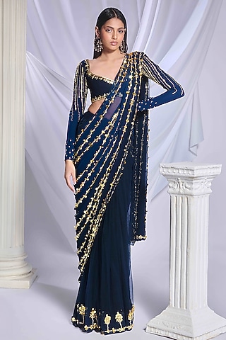 Midnight Blue Georgette Pearl Embroidered Pre-Stitched Saree Set by Papa Don't Preach by Shubhika