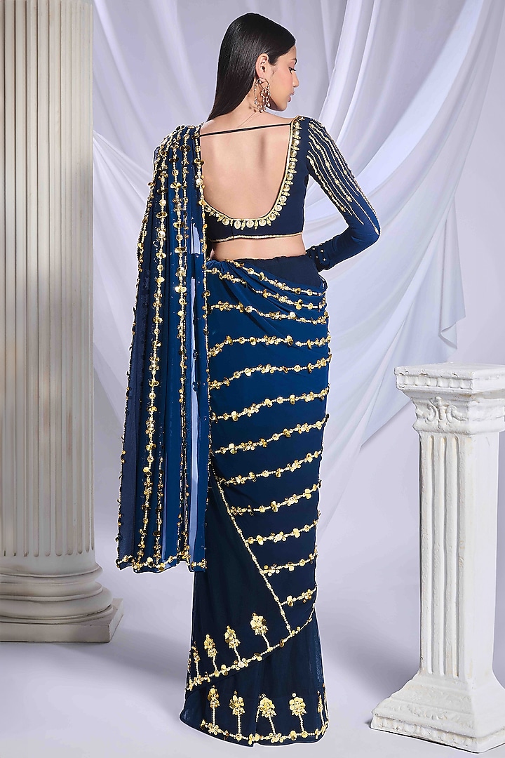 Midnight Blue Georgette Pearl Embroidered Pre-Stitched Bridal Saree Set by Papa Don't Preach by Shubhika at Pernia's Pop Up Shop