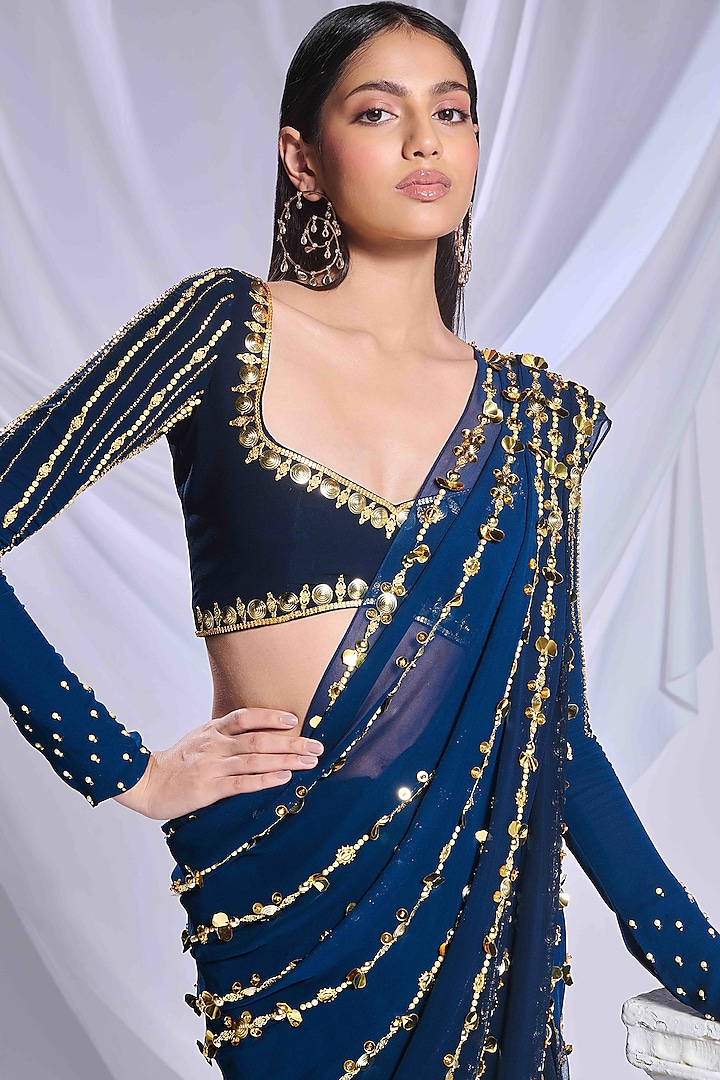 Midnight Blue Georgette Pearl Embroidered Pre-Stitched Bridal Saree Set by Papa Don't Preach by Shubhika at Pernia's Pop Up Shop