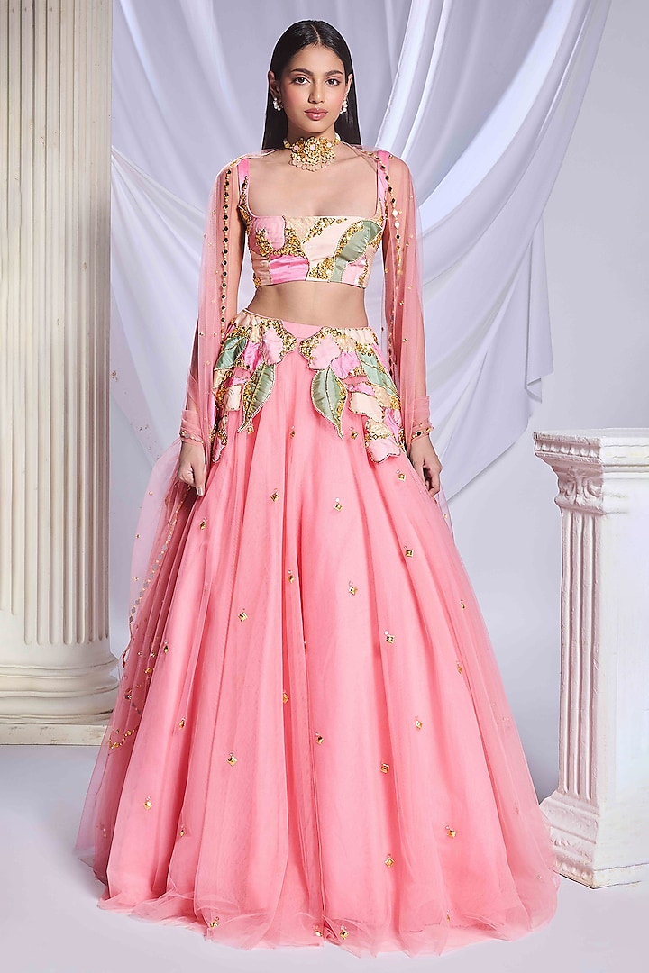 Pink Tulle Patch Work Lehenga Set by Papa Don't Preach by Shubhika