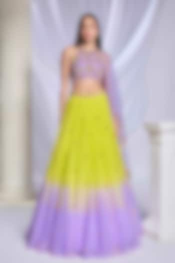 Lime & Lilac Ombre Tulle Embroidered Bridal Lehenga Set by Papa Don't Preach by Shubhika at Pernia's Pop Up Shop