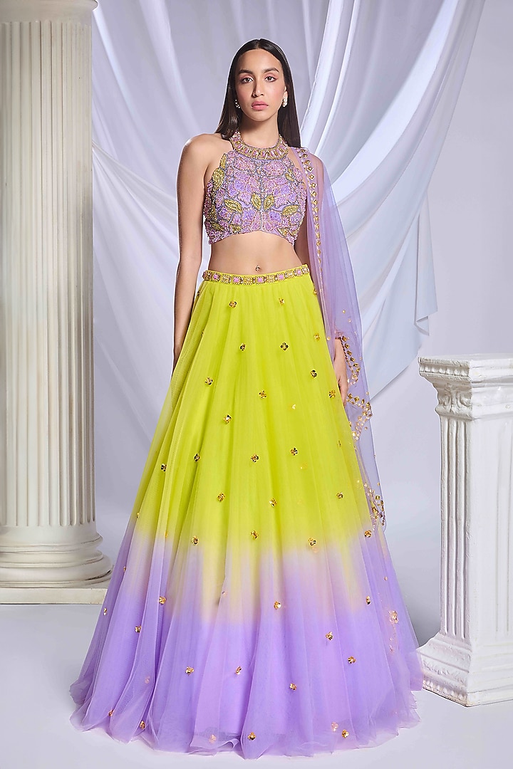 Lime & Lilac Ombre Tulle Embroidered Bridal Lehenga Set by Papa Don't Preach by Shubhika at Pernia's Pop Up Shop