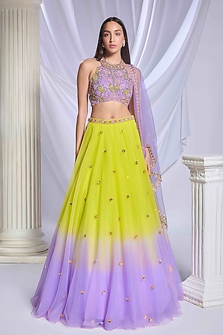 Lime & Lilac Ombre Tulle Embroidered Lehenga Set by Papa Don't Preach by Shubhika