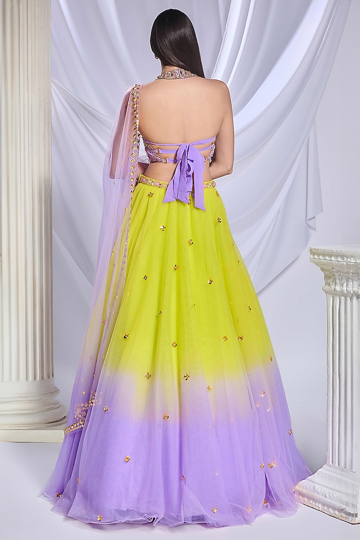 Lime & Lilac Ombre Tulle Embroidered Bridal Lehenga Set by Papa Don't Preach by Shubhika at Pernia's Pop Up Shop