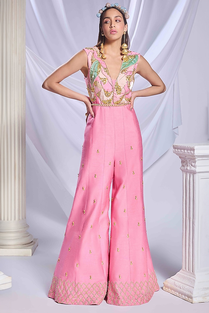 Rose Pink Art Raw Silk Patch Work Jumpsuit With Belt by Papa Don't Preach by Shubhika at Pernia's Pop Up Shop