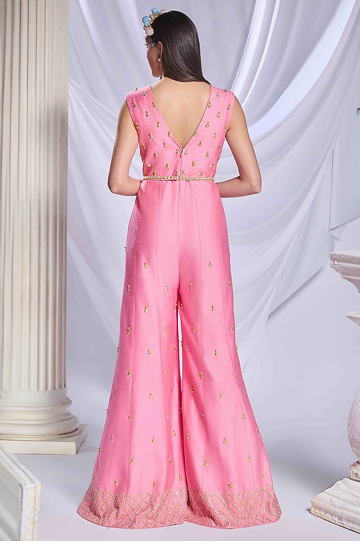 Rose Pink Art Raw Silk Patch Work Jumpsuit With Belt by Papa Don't Preach by Shubhika at Pernia's Pop Up Shop