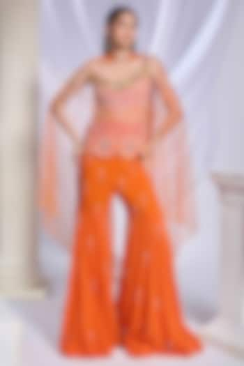 Burnt Orange Georgette Crystal Embroidered Sharara Set by Papa Don't Preach by Shubhika