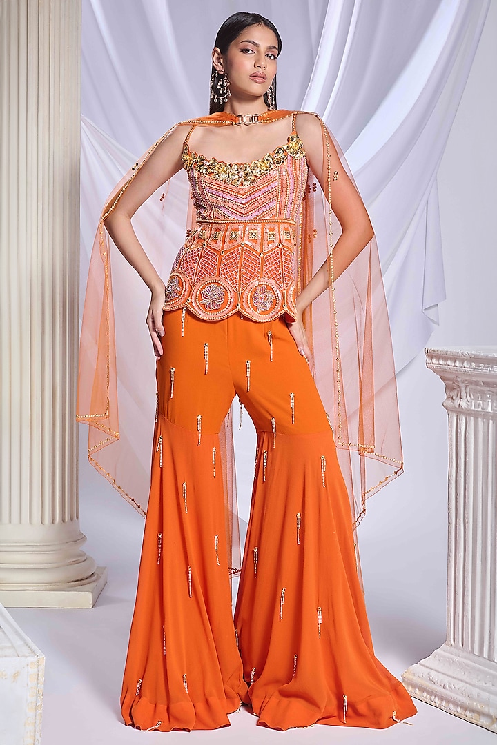 Burnt Orange Georgette Crystal Embroidered Sharara Set by Papa Don't Preach by Shubhika