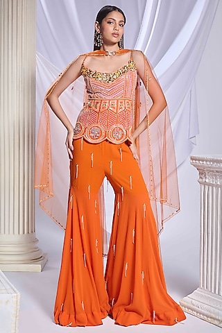 Burnt Orange Georgette Crystal Embroidered Sharara Set by Papa Don't Preach by Shubhika