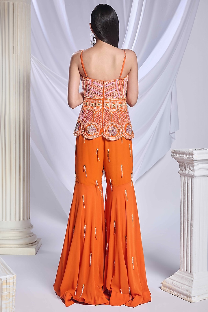 Burnt Orange Georgette Crystal Embroidered Bridal Sharara Set by Papa Don't Preach by Shubhika at Pernia's Pop Up Shop