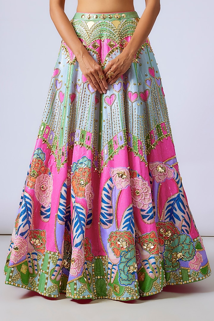 Multi-Colored Sequins & Tulle Crystal Embroidered Bridal Lehenga Set by Papa Don't Preach by Shubhika at Pernia's Pop Up Shop