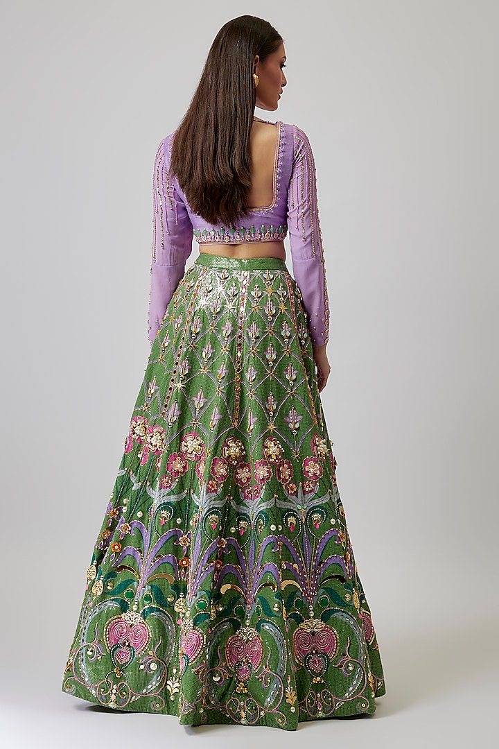 Green Sequins Printed & Crystal Embellished Bridal Lehenga Set by Papa Don't Preach by Shubhika at Pernia's Pop Up Shop