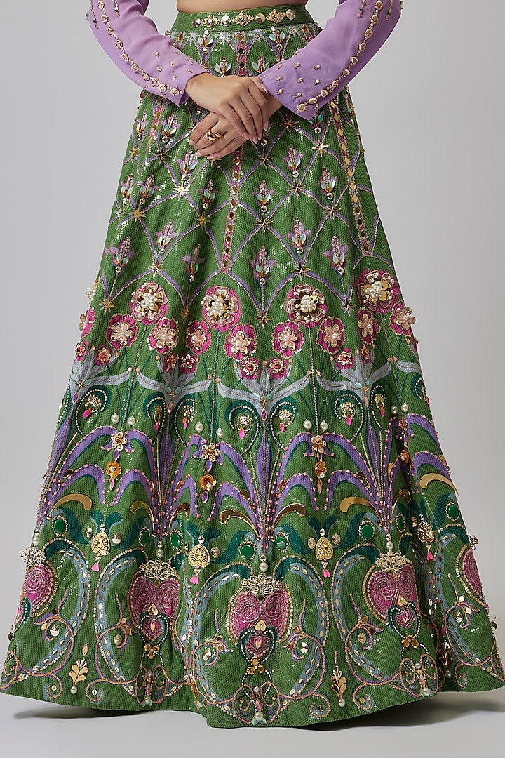Green Sequins Printed & Crystal Embellished Bridal Lehenga Set by Papa Don't Preach by Shubhika at Pernia's Pop Up Shop