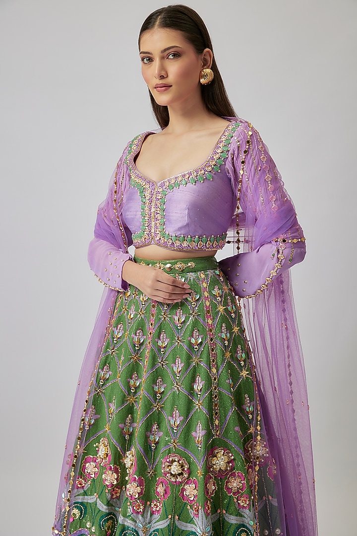 Green Sequins Printed & Crystal Embellished Bridal Lehenga Set by Papa Don't Preach by Shubhika at Pernia's Pop Up Shop