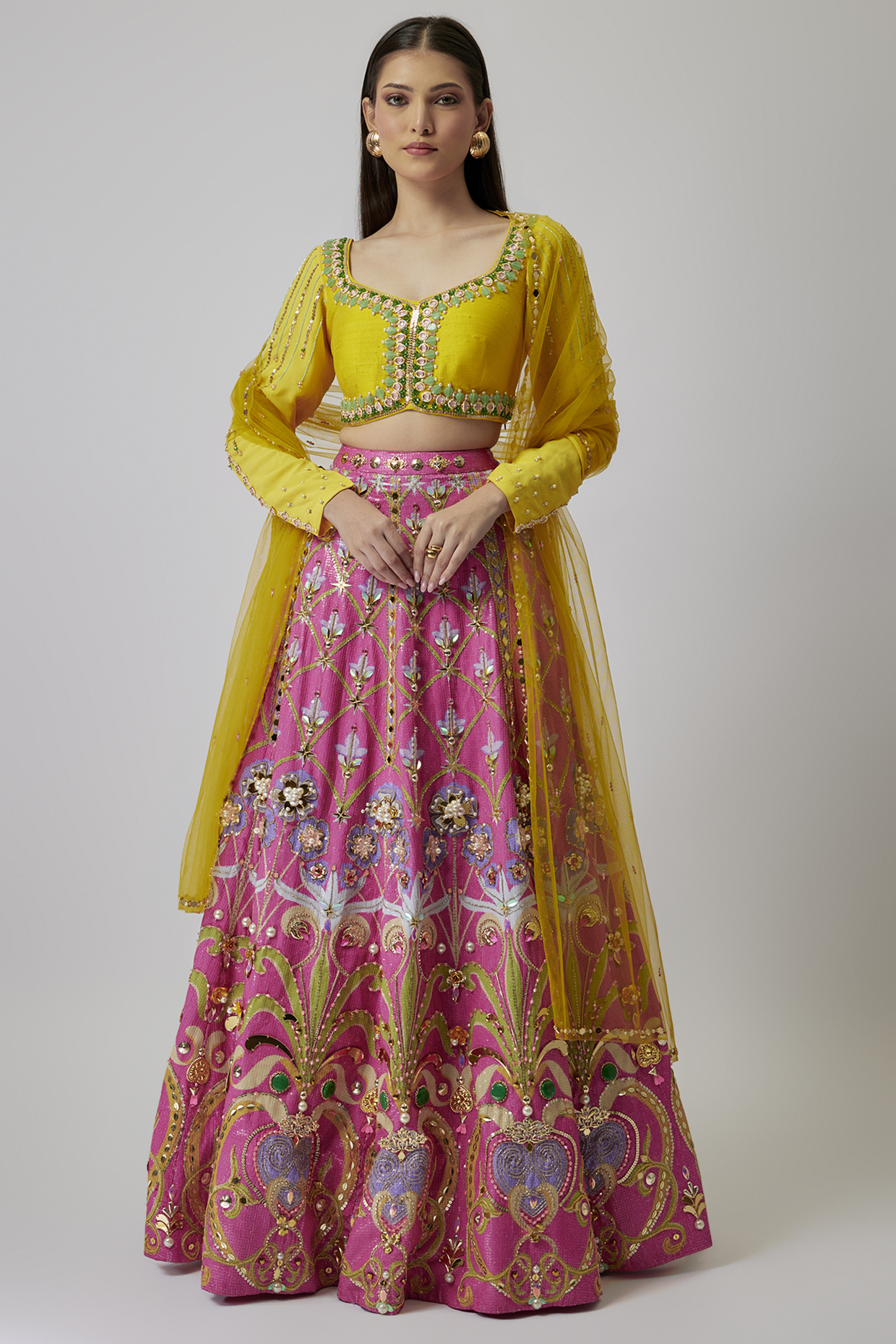 Pink Sequins Printed & Crystal Embellished Bridal Lehenga Set by Papa Don't Preach by Shubhika at Pernia's Pop Up Shop