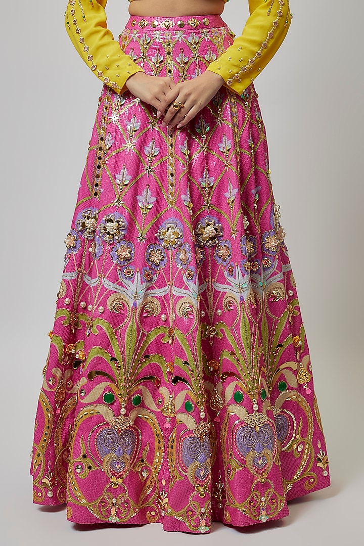 Pink Sequins Printed & Crystal Embellished Bridal Lehenga Set by Papa Don't Preach by Shubhika at Pernia's Pop Up Shop