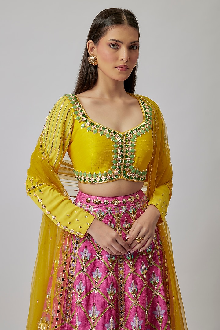 Pink Sequins Printed & Crystal Embellished Bridal Lehenga Set by Papa Don't Preach by Shubhika at Pernia's Pop Up Shop
