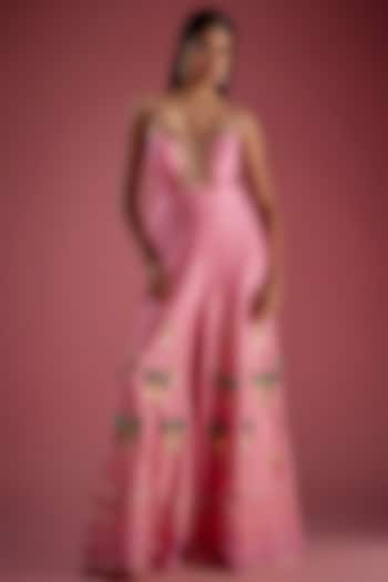 Pink Raw Silk Crystal Embroidered Flared Jumpsuit by Papa Don't Preach by Shubhika at Pernia's Pop Up Shop