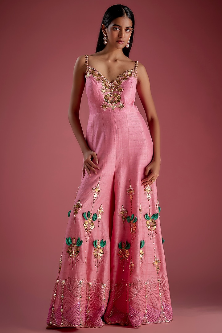 Pink Raw Silk Crystal Embroidered Flared Jumpsuit by Papa Don't Preach by Shubhika at Pernia's Pop Up Shop