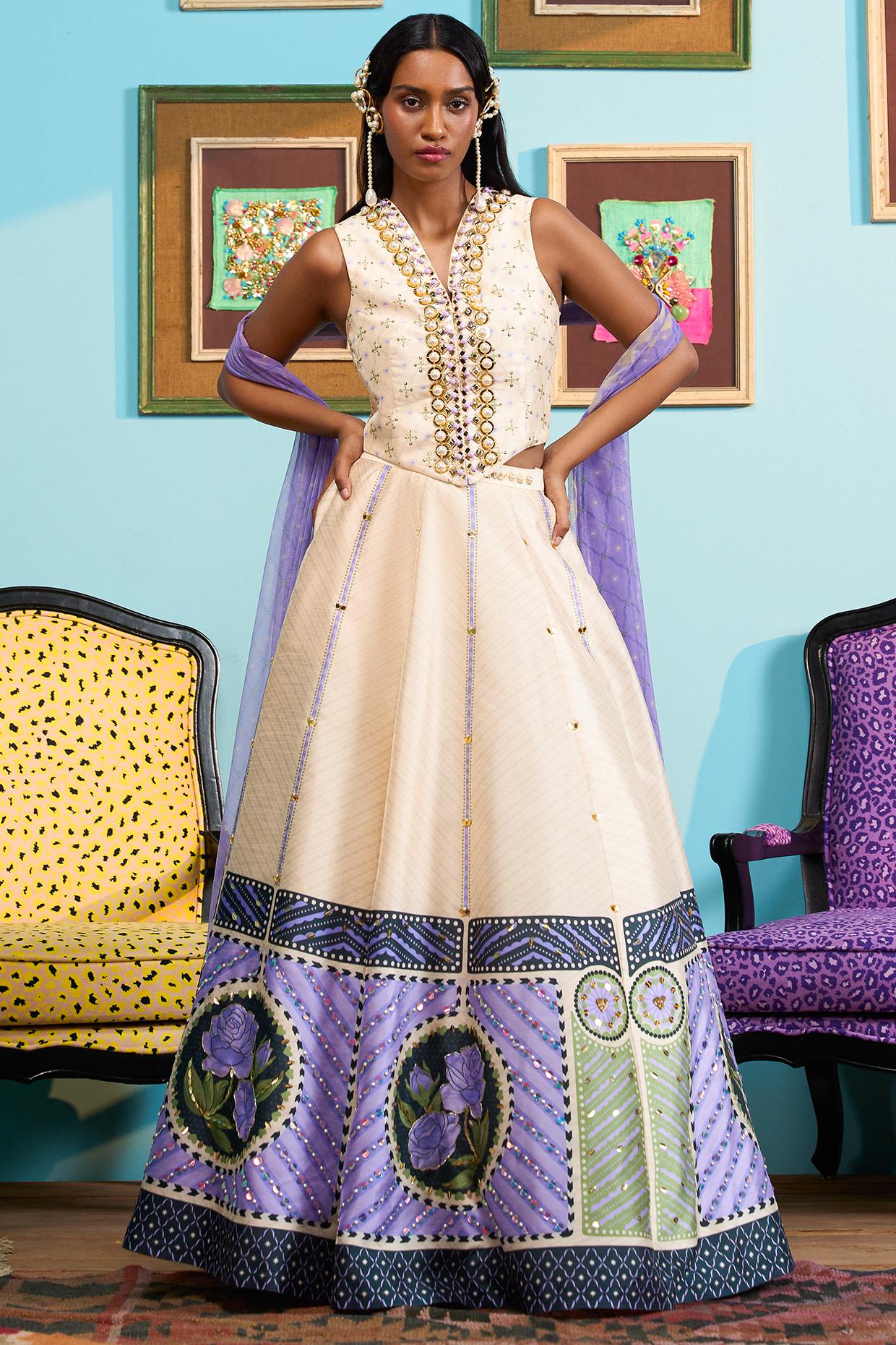 Ivory Raw Silk Printed & Embroidered Wedding Lehenga Set by Papa Don't Preach by Shubhika at Pernia's Pop Up Shop