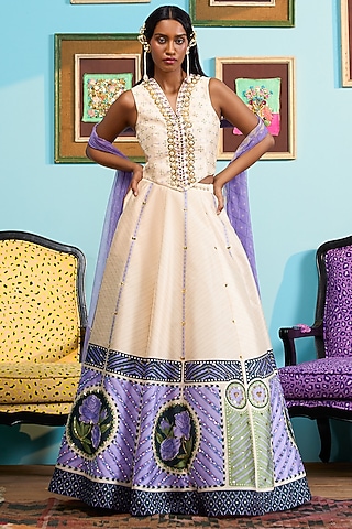 Ivory Raw Silk Printed & Embroidered Lehenga Set by PAPA DONT PREACH PRET
