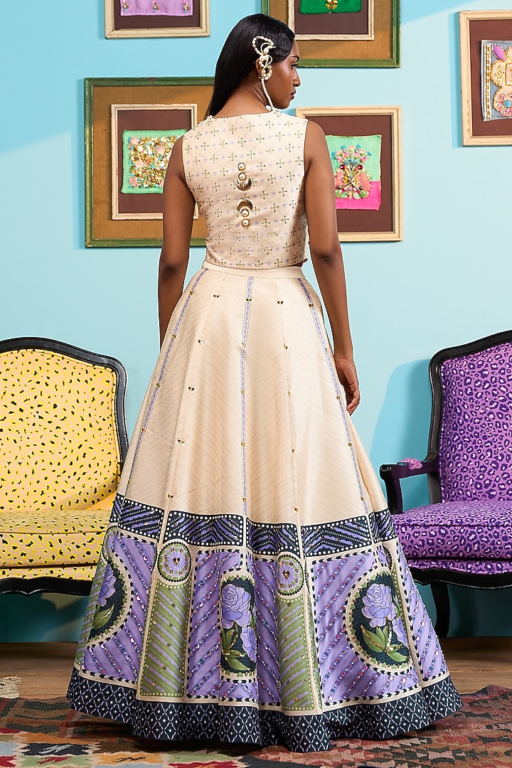 Ivory Raw Silk Printed & Embroidered Wedding Lehenga Set by PAPA DONT PREACH PRET at Pernia's Pop Up Shop