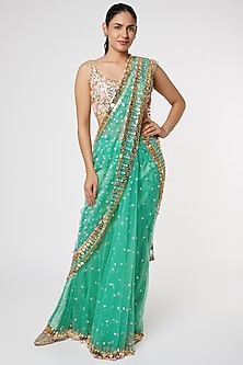 Forest Green Georgette Pre-Stitched Saree Set by Papa Don't Preach by Shubhika-SEQUINS