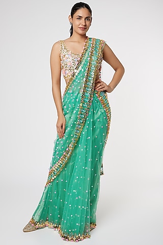 Forest Green Georgette Pre-Stitched Saree Set by Papa Don't Preach by Shubhika
