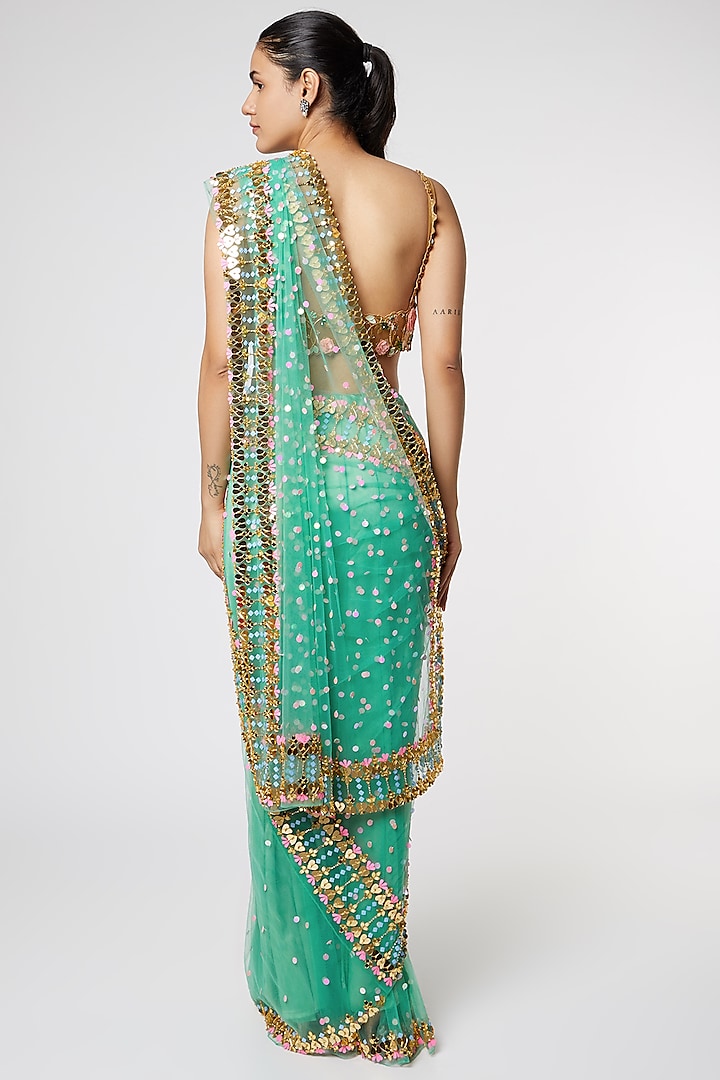 Forest Green Georgette Pre-Stitched Bridal Saree Set by Papa Don't Preach by Shubhika at Pernia's Pop Up Shop