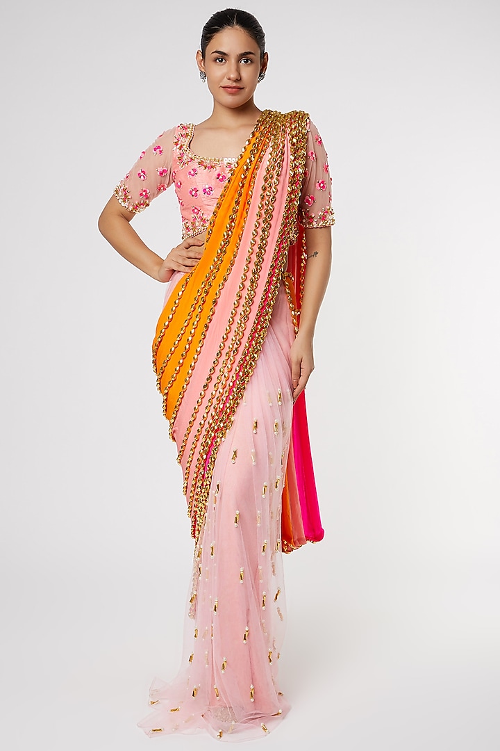 Multi-Colored Tulle & Crepe Pre-Stitched Saree Set by Papa Don't Preach by Shubhika